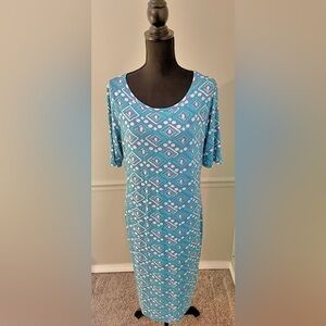 Lularoe Julia Teal Blue White Short Sleeve Casual Midi Dress Size XL